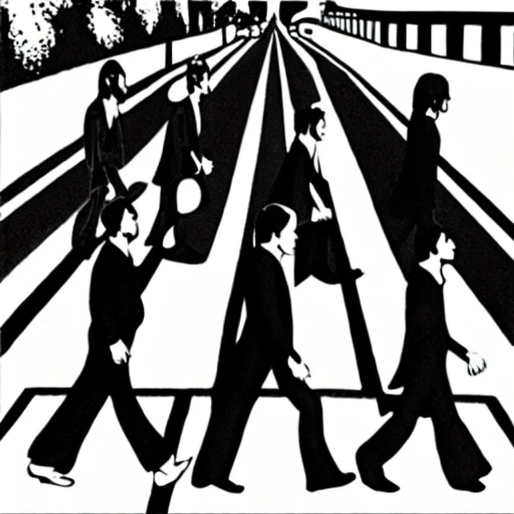 Black and white picture of seven people walking across a street from left to right.